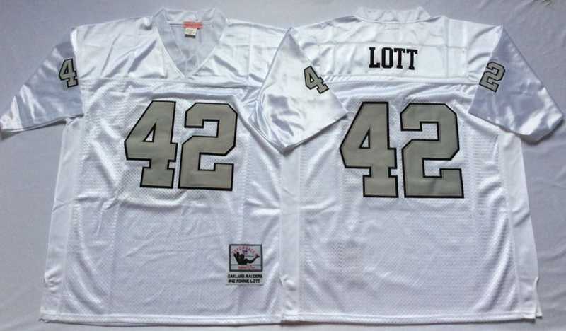 Raiders 42 Ronnie Lott White Silver M&N Throwback Jersey